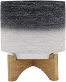 Sagebook Home 8" Planter on Stand - Ceramic Planter on Wooden Base - Contemporary Gray and White Textured Design Indoor or Outdoor Plant Stand Decor by GreenHaven Gardens