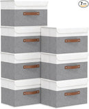 Yawinhe Storage Boxes with Lids, Linen Fabric Bin, Cube Organizer Basket, Washable and Leather Handle, for Home, Closet, White/Grey, 15.0''Lx9.8''Wx9.8''H, 7-Pack, USNK024WGL-7 by TinyTreasures Baby Boutique
