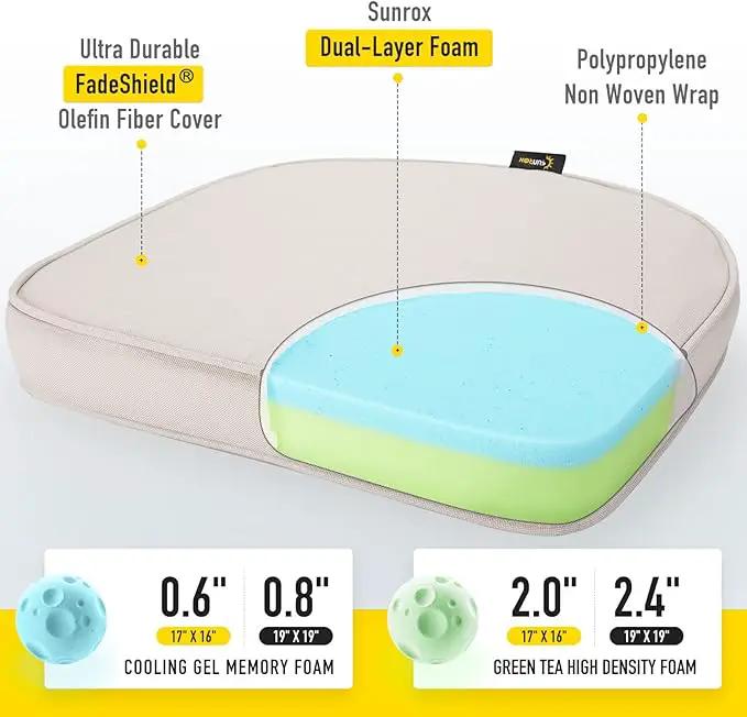 SUNROX Gel Memory Foam Chair Cushions, FadeShield Water-, Stain-Resistant Durable Reversible Seat Cushion Pads with Ties for Indoor/Outdoor Kitchen Dining Office 17"x16" Set of 2, Cream, photo 2 of 7
