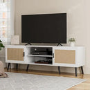 TV Stand for TVs up to 65'', Mid Century Modern Entertainment Center with Rattan Door, Shelves & 2 Cabinets, Boho Media TV Console for Living Room, Bedroom, White by CozyNest Decor