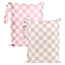 Tiny Twinkle Mess-Proof Waterproof Wet Dry Bag | 2-Pack Reusable Wet Bags for Swimsuits & Baby Clothes | Leakproof Wet Bag for Travel & Diaper Changes for Baby (Pink, Brown Checkers) by TinyTreasures Baby Boutique