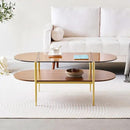 Oval Glass Coffee Table, Mid-Century Modern Design, L41 x W21 x H17 inch, for Living Room, 2-Tier Structure, Amber Glass Top and Walnut Finish Wood Shelf, Conical Legs with Gold Finish Frame by CozyNest Decor