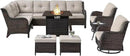 Outdoor Sectional Furniture Sofa Set with Propane Fire Pit Table, Wicker Patio Conversation Set with 2 Swivel Rocker Glider Chairs Beige Cushion Perfect for Backyard Casual Gathering by GreenHaven Gardens
