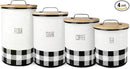 Young's Inc. 4 Pcs Set Plaid with Bamboo Lids Ceramic Canisters- Storage Container for Kitchen and Bathroom - Beautiful Home Decor Accent to Store Food, Coffee, Tea, and More - Black, White by CozyNest Decor