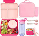 Kids Bento Lunch Box with 8oz Soup Thermo, Water Bottle, Leakproof Lunch Food Containers with 4 Compartment, Kids Insulated Hot Food Jar with Lunch Bag for School(Pink) by TinyTreasures Baby Boutique