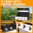 CIG GARDEN 3-Burner Propane Gas Grill,Outdoor Barbecue Grill with 2 Foldable Side Tables,Double-layer Stainless Steel Grill Lid with Cast Iron Grates,31500 BTU Output Perfect for Camping,BBQ Grill by GreenHaven Gardens