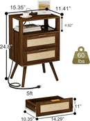 Rattan Nightstand with Charging Station,Modern Bedside Table with 2 Storage Drawer and Open Wood Shelf, for Bedroom and Small Spaces,Night Stand with Solid Wood Legs (Walnut Brown) by CozyNest Decor