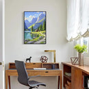 Landscape wall painting of mountain forest lakeside cabin under blue sky and white clouds natural oil painting poster suitable for living room bedroom office by CozyNest Decor