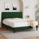 Queen Size Bed Frame, Velvet Upholstered Platform Bed with Vertical Channel Tufted Headboard and Footboard, No Box Spring Required, Easy Assembly, Green by CozyNest Decor