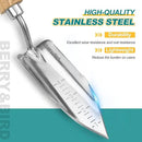 Berry&Bird Potting Trowel, Stainless Steel Serrated Hand Shovel, Wood Handle Garden Trowel Tool with Measuring Scale for Effortless Digging,Roots，Planting, Cutting and Transplanting by GreenHaven Gardens