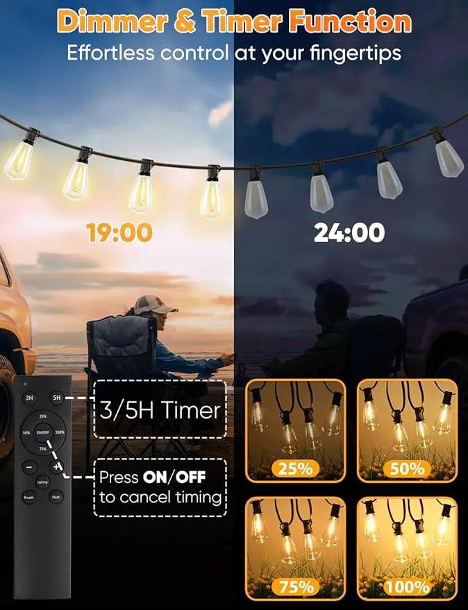 Brightever 180FT LED Outdoor String Lights, Dimmable Patio Lights with Remote Control, 56 Shatterproof ST38 Edison Bulbs, 3 Lighting Modes, 3H/5H Timer, Outdoor Hanging Light for Pool，Fence, Garden, photo 4 of 7