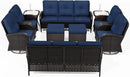 Joyside 10 Piece Patio Furniture Set, Outdoor Wicker Conversation Sets with Swivel Rocker Chairs and Sofa, Thick Cushion, Rattan Patio Sectional for Porch, Deck Use (Brown/Blue, 10 PCS) by GreenHaven Gardens