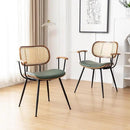 Rattan Dining Room Chairs Set of 2,Mid Century Modern Kitchen Side Chairs,Metal Legs Desk Chair,Faux Leather Accent Chair with Arms and Rattan Backrest Green PU by CozyNest Decor