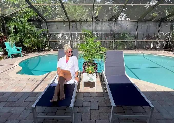 PURPLE LEAF Outdoor Chaise Lounge Staight Legs Adjustable Sunbathing Recliner with Side Table Navy Blue 2 Sets, photo 2 of 7