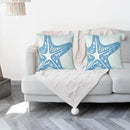 Embroidered Decorative Throw Pillow Cover, 18"x18" Set of 2, Farmhouse Pillowcase Blue Sea Star Knit Pattern Cotton Canvas Cushion Case Square Floral Pillow Case for Sofa Couch Bed Living Room by CozyNest Decor