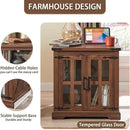 Farmhouse End Table with Charging Station,24" Large Side Table with Glass Barn Door, Rustic Wood Nightstand Bedside Table with Adjustable Storage Shelf for Living Room, Bedroom,Walnut,2 pack by CozyNest Decor