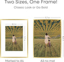 Homeforia A3 Picture Frame Gold, High End Metal 11.7 x 16.5 inch Poster Frames with Mat 8.3 by 11.7 for Photo, A3 Size Frames Matted to A4 Print, 11.7x16.5 Wall Hanging Frame, Tempered Glass, Set of 1 by CozyNest Decor