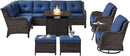 Outdoor Sectional Furniture Sofa Set with Propane Fire Pit Table, Wicker Patio Conversation Set with 2 Swivel Rocker Glider Chairs Blue Cushion Perfect for Backyard Casual Gathering by GreenHaven Gardens