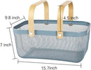 Portable Mesh Harvest Basket - Natural Bamboo Handle Foldable Organizer for Kitchen, Garden & Picnic | Ventilated Storage Bin with Rust-Proof Wire, Space-Saving Farmhouse Decor (Blue)