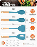 Silicone Cooking Utensils Set, Perfectly Angled for Frying, Mixing,Serving,Draining,Turning and Stirring, BPA-Free Matte Silicone, Wood Handles, Safe for Nonstick Cooking Surfaces,4 Pack (Blue) by CozyNest Decor