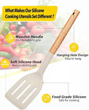 Pack of 4 Silicone Cooking Utensils Set, Non Stick Solid Spatulas and Heat Resistant Slotted Spoons with Wooden Handle, Ideal Wood Kitchen Utensils Set for Frying,Serving,Turning,Stirring (KHAKI) by CozyNest Decor