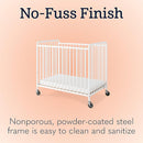 Foundations Chelsea Clearview Metal Compact Daycare Crib, 3" Casters, Compact Mini Size, Easy to Clean Durable Finish, Adjustable to Two Heights Mattress Board (White) by TinyTreasures Baby Boutique