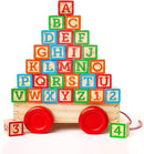 Building Blocks for Toddlers 1-3 Years Old, 30 Large Stackable Wooden Baby Blocks with Alphabet and Number Icons on Every Side, Toy Wagon Included by TinyTreasures Baby Boutique