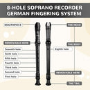 SWAN Soprano Recorder Instrument for Beginners Kids Student - German Fingering 8 Hole Flute Descant Recorders with Cleaning Rod Fingering Chart, Black by TinyTreasures Baby Boutique