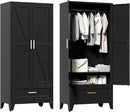 71'' Black Farmhouse Metal Wardrobe Cabinet with Hanging Rod, 2 Barn Door Wardrobe Closet with Adjustable Shelves,Drawer,for Dining Room,Bedroom,Living Room, Cloak Room,Office by CozyNest Decor