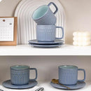 Large Cappuccino Cups with Saucers Set of 4, 8 Ounce Stackable Embossed Ceramic Coffee Mugs for Specialty Coffee Drinks, Latte, Cafe Mocha and Tea, Dishwasher & Microwave Safe (Blue) by CozyNest Decor
