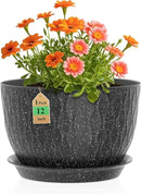 12 Inch Wide Water Ripples Flower Pots for Indoor or Outdoor Plants, Large Plant Pots with Drainage Holes & Saucer, Plastic Planters Set for Garden & Home Decor (Black with White Speckles) by GreenHaven Gardens