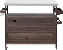 Farmhouse Solid Wood Grill Table with Stainless Steel Top, Outdoor Rolling Bar Cart & Storage Cabinet with Spice & Towel Rack, Outdoor Kitchen Island with Internal Storage Rack, Dark Brown by CozyNest Decor
