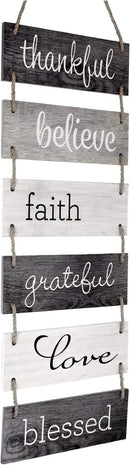 EXCELLO GLOBAL PRODUCTS Large Hanging Wall Sign: Rustic Wooden Decor (Grateful, Love, Believe, Thankful, Faith, Blessed) Hanging Wood Wall Decoration (11.75" x 32") by CozyNest Decor