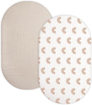 Bassinet Sheet for Baby Boy and Girl 2 Pack, Fitted Sheets for Rectangle, Oval, Hourglass Bassinet Mattress, Muslin Moses Basket Sheets with Neutral Style (Beige & Rainbow) by TinyTreasures Baby Boutique