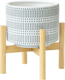LA JOLIE MUSE Ceramic Plant Pot with Wood Stand - 7.3 Inch Modern Round Decorative Flower Pot Indoor with Wood Planter Holder, Slate Blue and White by GreenHaven Gardens