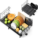 Dish Drying Rack for Kitchen Counter, Expandable Large Capacity Dish Rack with Drainboard, Wine Glasses Holder, Space Saving Organizer, Black by CozyNest Decor
