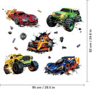 3D Racing Cars Wall Decals - Truck Bursting Through Wall, F1 Racing Cars Wall Stickers for Kids Room Boys Bedroom by CozyNest Decor