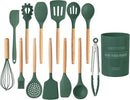 Country Kitchen Non Stick Silicone Utensil Set with Rounded Wood Handles for Cooking and Baking, 14 Piece Set, Green by CozyNest Decor
