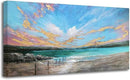 Arjun Ocean Teal Wall Art Canvas Coastal Beach Painting Blue Turquoise Landscape Sunset Picture, Panoramic Gold Foil Textured Large Artwork Framed for Living Room Bedroom Bathroom Wall Decor 48"x24" by CozyNest Decor
