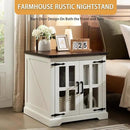 Farmhouse End Table with Charging Station,24" Large Sofa Side Table with Glass Barn Door, Rustic Wood Nightstand Bedside Table with Adjustable Storage Shelf for Living Room, Bedroom,White by CozyNest Decor