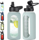 32 oz Glass Water Bottle with Straw and Handle, Sports Motivational Water Flask with Silicone Sleeve, Large Leakproof Water Flask Cup with Time Marker for Travel, Gym, Sage by CozyNest Decor