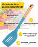 Pack of 4 Silicone Kitchen Utensils Set, Non Stick Solid Spatulas and Heat Resistant Slotted Spoons with Wooden Handle, Ideal BPA Free Cooking Utensils for Mixing,Serving,Turning,Stirring(BLUE) by CozyNest Decor