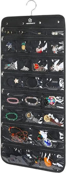 Freegrace Hanging Jewelry Organizer Revolving Hanger - Secure Zipper Closure - 25 Pockets,23 Hooks - Foldable Storage & Display Solution - for All Jewelry & Bijoux (Black) by CozyNest Decor
