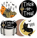 Coaster for Drinks Set of 6, Halloween Boo Black Cat Trick or Treat Spooky Pumpkin Bat Absorbent Round Ceramic Stone Mat, with Cork Base and Metal Holder, Gift for Housewarming Room Bar Decor by CozyNest Decor
