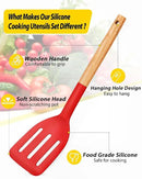 Pack of 4 Silicone Cooking Utensils Set, Non Stick Solid Spatulas and Heat Resistant Slotted Spoons with Wooden Handle, Ideal Wood Kitchen Utensils Set for Frying,Serving,Turning,Stirring (RED) by CozyNest Decor
