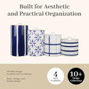 Young's Inc. 4 Pcs Set Cylindrical Ceramic Canisters- Storage Container for Kitchen and Bathroom - Beautiful Home Decor Accent to Store Food, Coffee, Tea, and More - White, Blue by CozyNest Decor
