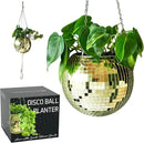 SCANDINORDICA Disco Ball Planter – Value Package: Mirror Disco Planter with Chain, Macrame Hanger and Acrylic Stand for Desk, Includes Self Watering Insert, Disco Decor | 8 inch Gold by GreenHaven Gardens