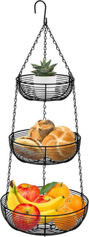 CAXXA 3-Tier Hanging Basket Fruit Organizer Kitchen Heavy Duty Wire Organizer with 2 Free Bonus Metal Ceiling Hooks, Black by CozyNest Decor