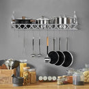 MyGift Wall Mounted Silver-Tone Metal Hanging Kitchen Pots, Pans and Utensils Storage Cookware Rack with 12 Removable S-Hooks and Top Display Shelf for Condiments Spice Rack by CozyNest Decor