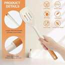 Large Silicone Cooking Spoon Set, 2 Pack Solid Slotted Spoon with Wooden Handle, Nonstick Silicone Kitchen Spoons for Cooking, Heat Resistan Spatula Set for Serving, Basting, Mixing (White) by CozyNest Decor